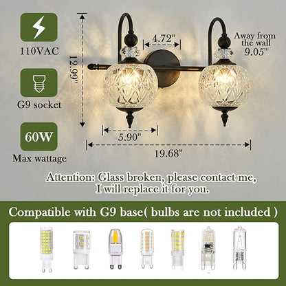 Vintage Bathroom Light Fixtures Black Vanity Light with Glass Globe LampShade 2 Lights Mid Century G9 Bulb Wall Sconce Indoor Vanity Light Over Mirror for Kitchen Bedroom Farmhouse