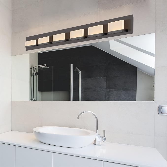 Kira Home Everett 48" Modern Integrated LED 6-Light Bathroom Vanity Light | 60W 3000K Warm White Light, Minimalist Bathroom Wall Sconce with Frosted Acrylic Blocks, Oil Rubbed Bronze Finish