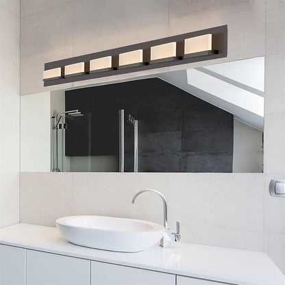 Kira Home Everett 48" Modern Integrated LED 6-Light Bathroom Vanity Light | 60W 3000K Warm White Light, Minimalist Bathroom Wall Sconce with Frosted Acrylic Blocks, Oil Rubbed Bronze Finish