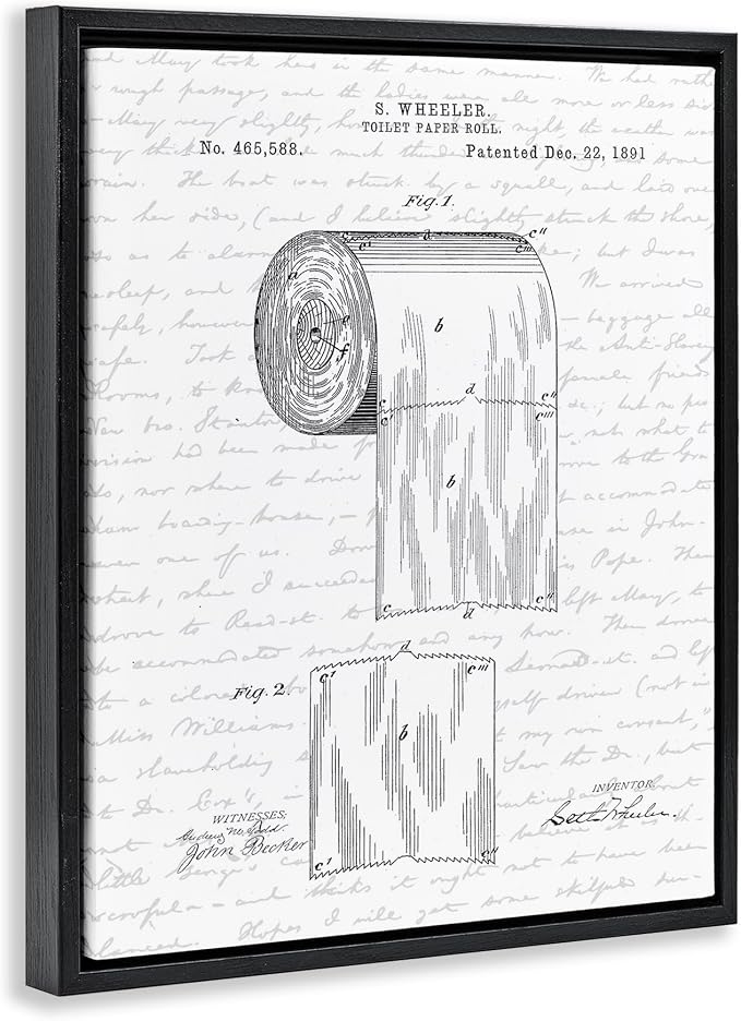 Vintage Patent Bathroom, 16 x 20 Inch Canvas in Floater Frame | Stupell Industries · By Lettered and Lined · Ready to hang · Great for bath and laundry decor · Made in USA