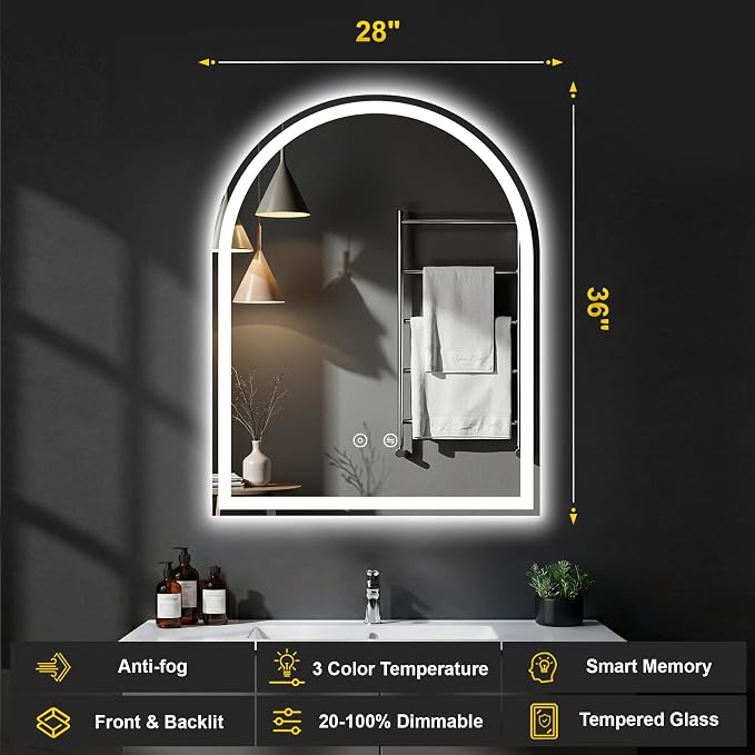Arched LED Bathroom Mirror with Lights, 28" x 36" Lighted Vanity Mirror | Anti-Fog, Dimmable 3 Colors, Backlit + Frontlit, HD Shatterproof Tempered Glass, Memory Function