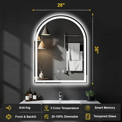 Arched LED Bathroom Mirror with Lights, 28" x 36" Lighted Vanity Mirror | Anti-Fog, Dimmable 3 Colors, Backlit + Frontlit, HD Shatterproof Tempered Glass, Memory Function