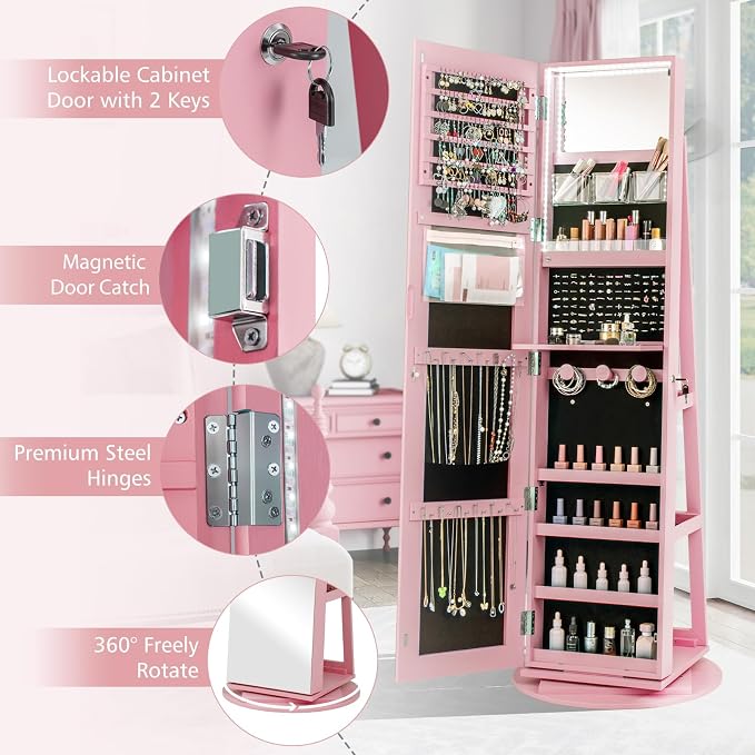 CHARMAID 360° Swivel Jewelry Armoire with Full Length Mirror, Rear Storage Shelves, Lockable Standing Jewelry Cabinet Organizer with Interior Vanity Mirror and 3-Color Lights (Pink)