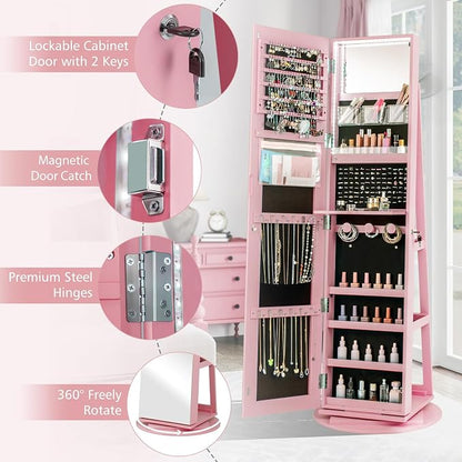 CHARMAID 360° Swivel Jewelry Armoire with Full Length Mirror, Rear Storage Shelves, Lockable Standing Jewelry Cabinet Organizer with Interior Vanity Mirror and 3-Color Lights (Pink)
