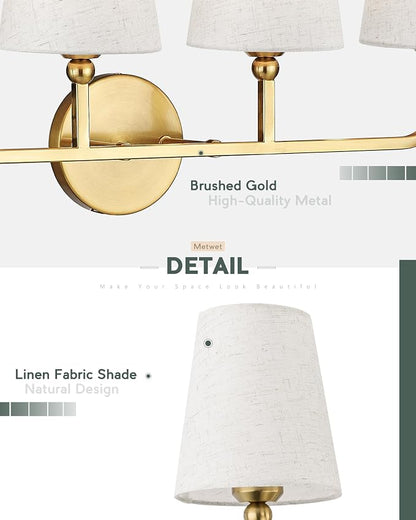 5-Light Brushed Gold Bathroom Vanity Light with Linen Fabric Shade | 35 Inch gold bathroom light fixture over mirror, UL listed, E26 bulbs, hardwired, upward only, VL837-BG-A-5