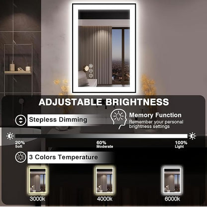 EchosLife 28x36 LED Bathroom Mirror for Wall - Black Aluminum Framed | Black Frame, Front and Backlit, Anti-Fog, Stepless Dimmable, 3 Colors, Memory, Tempered Glass, UL Listed, Horizontal/Vertical
