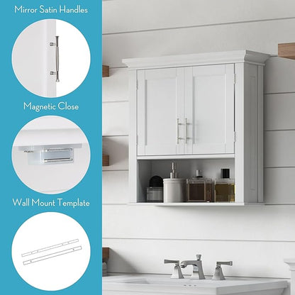 RiverRidge Somerset Two-Door Bathroom and Laundry Wall Mount Storage Medicine Cabinet with Open and Adjustable Shelf - White | Two-Door, Wall Mount, Storage, Open, Adjustable Shelf