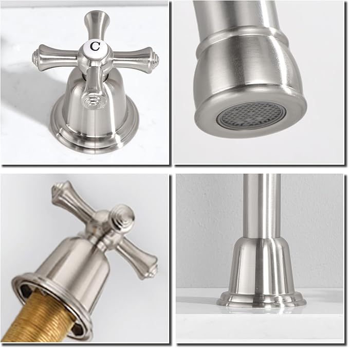 RKF Bathroom Faucets for Sink 3 Hole Brushed Nickel 8 inch Widespread Bathroom Sink Faucet with Drain 2 Handles Cross Knobs Faucet Bathroom Vanity Basin Mixer Tap CWF039-BN