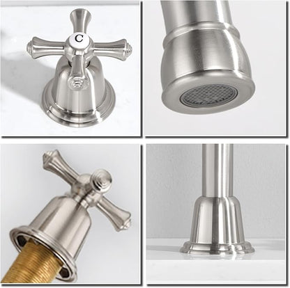 RKF Bathroom Faucets for Sink 3 Hole Brushed Nickel 8 inch Widespread Bathroom Sink Faucet with Drain 2 Handles Cross Knobs Faucet Bathroom Vanity Basin Mixer Tap CWF039-BN