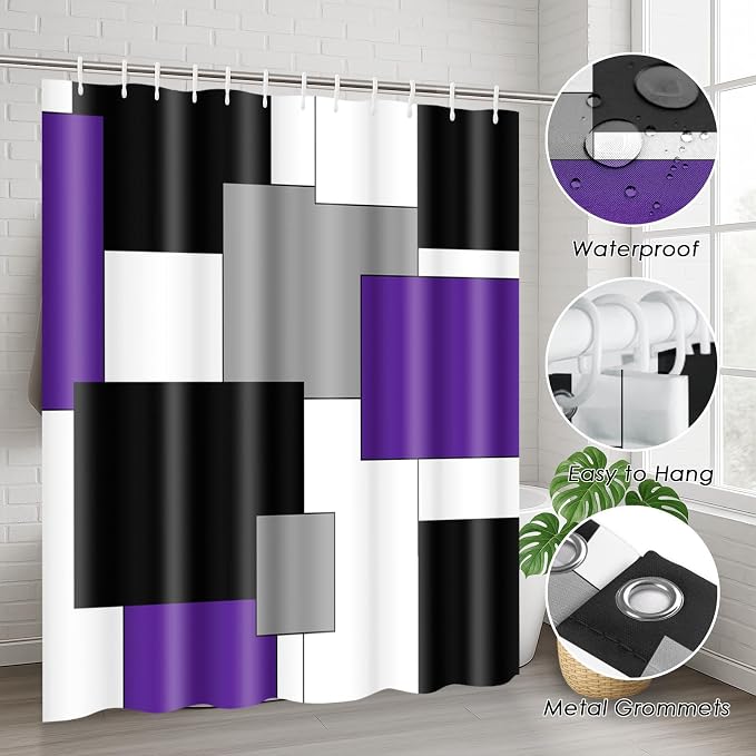 Bathroom Sets with Shower Curtain and Rugs, 4 Pcs, Geometric Purple | Abstract Modern Checkered Bathroom Decor Set with Toilet Lid Cover, Non-Slip Bath Mats and Accessories 12 Hooks