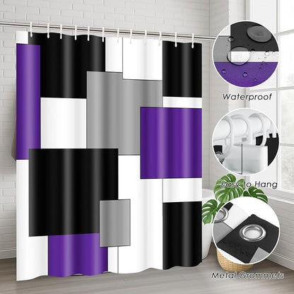 Bathroom Sets with Shower Curtain and Rugs, 4 Pcs, Geometric Purple | Abstract Modern Checkered Bathroom Decor Set with Toilet Lid Cover, Non-Slip Bath Mats and Accessories 12 Hooks