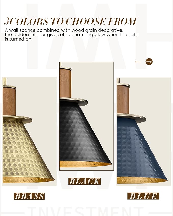 Black and Gold Wall Sconces, HWH Industrial Sconces Wall Lighting Indoor Vanity Barn Light Fixture, Black Wall Lamp for Bathroom Bedside Bedroom Kitchen, Hammered Metal Shade, 5HZG74B-L BK+BG