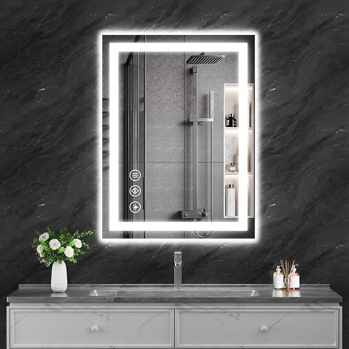 Koonmi 32x24 LED Bathroom Mirror, Shatterproof Mirror with Light | 90CRI Vanity Mirror with Anti-fog Backlit + Front Lit, 3 Color, Easy Install for Bathroom Hotel (IP65)