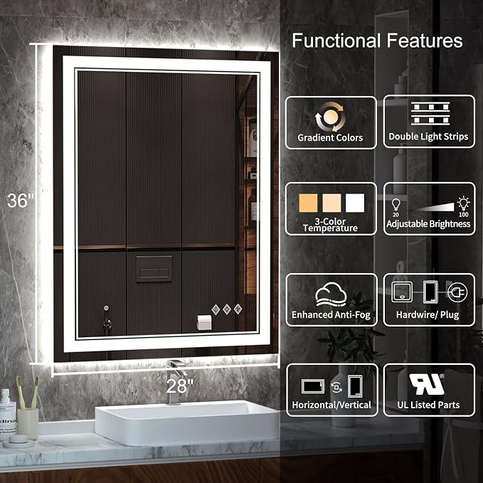 LED Mirror, 28x36 Inch Gradient Front and Backlight Lighted Mirror, 3 Colors Dimmable CRI>90 Double Lights, IP54 Enhanced Anti-Fog, Hanging Plates Wall Mount LED Bathroom Mirror