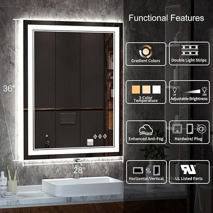 LED Mirror, 28x36 Inch Gradient Front and Backlight Lighted Mirror, 3 Colors Dimmable CRI>90 Double Lights, IP54 Enhanced Anti-Fog, Hanging Plates Wall Mount LED Bathroom Mirror