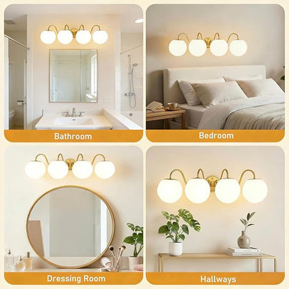 4 Lights Vintage Bathroom Vanity Light Fixtures Over Mirror, Brushed Gold Vanity Lights For Bathroom With Milk White Glass Globe Shade, Wall Lights For Bedroom, Hallway, Dressing Table(G9 Incl.)