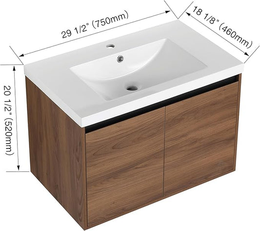 30 Inch Floating Vanity Bathroom,Bathroom Cabinet Vanity,Wooden Cabinet,Wall Mount Floating Vanity Set,Solid Wood Frame, Easy Clean,Brown
