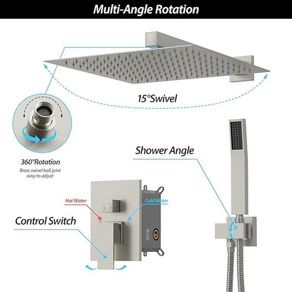 Lordear Rain Shower System 12 Inch Wall Mounted Shower Faucet Set, Brushed Nickel Stainless Steel Shower Head with Handle Set and Brass Valve Brushed Nickel 12" Shower Head