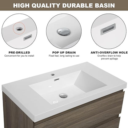 Wall Mounted 36 Inch Bathroom Vanity with Sink, Floating Vanity Bathroom, Single Sink Bathroom Vanity, 2 Drawers, Resin Integrated Sink (Ash Grey)