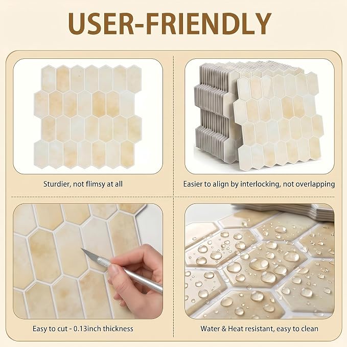 Arttown Peel and Stick 3D Wall Backsplash, 10-Sheet, 12" × 12" Hexagon | Subway Tile Self Adhesive Thicker Design Wall Tiles Panel Wallpaper for Kitchen Bathroom Balcony