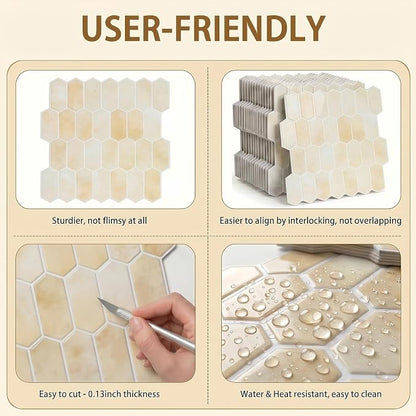 Arttown Peel and Stick 3D Wall Backsplash, 10-Sheet, 12" × 12" Hexagon | Subway Tile Self Adhesive Thicker Design Wall Tiles Panel Wallpaper for Kitchen Bathroom Balcony