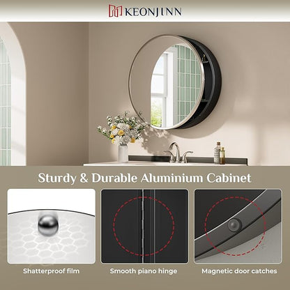 Keonjinn 24" x 24" Round Medicine Cabinet Mirror, Brushed Nickel Mirror Medicine Cabinet Wall Mounted, Circular Medicine Cabinets with Mirrors, Circle Framed Vanity Mirror with Storage