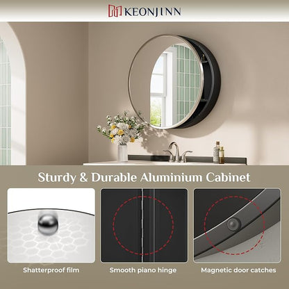 Keonjinn 20 Inch Round Medicine Cabinet with Mirror, Brushed Nickel Surface Mount Medicine Cabinet for Bathroom, Framed Circular Bathroom Cabinet Wall Mounted, Round Vanity Mirror with Storage | Surface Mount, Brushed Nickel Medicine Cabinets Mirror, S...