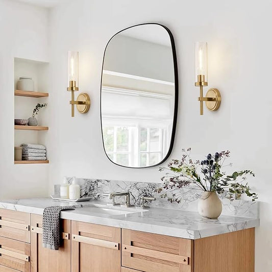 Hardwired Gold Wall Sconces Set of 2, Modern Bathroom Sconces Wall Lighting Vanity Light Fixtures with Clear Glass, Brushed Brass Wall Decor Lights for Mirror Living Room Bedroom Hallway Stairwell