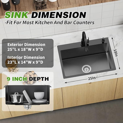 Black 25x18 Inch Kitchen And Bar Sink - Stainless Steel Drop In Single Bowl Topmount Modern Kitchen And Bar Sink With Spoon Rest,Drain Strainer Set Compatibility With Various Kitchen&Bar Style