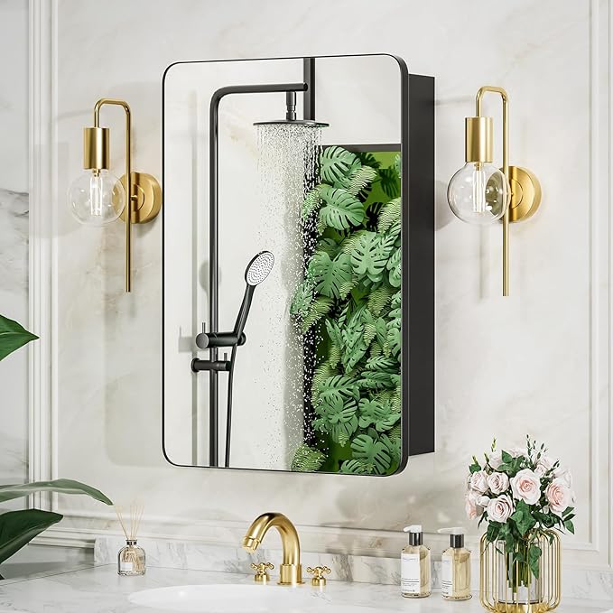 Medicine Cabinet 20x26 Inch, Aluminum Bathroom Mirror Cabinet with Storage, Recessed or Surface Mount, Black Vanity Storage Unit with 3 Anti-Tip Adjustable Acrylic Shelves, Soft Close Hinge
