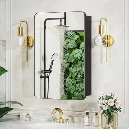 Medicine Cabinet 20x26 Inch, Aluminum Bathroom Mirror Cabinet with Storage, Recessed or Surface Mount, Black Vanity Storage Unit with 3 Anti-Tip Adjustable Acrylic Shelves, Soft Close Hinge