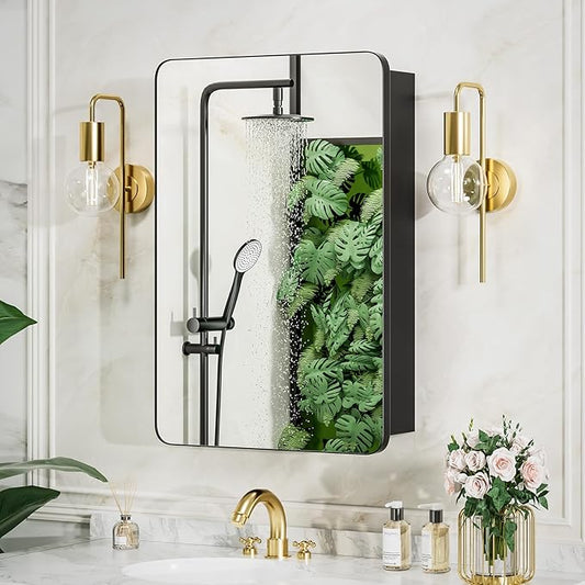 Medicine Cabinet 20x30 Inch, Aluminum Bathroom Mirror Cabinet with Storage, Recessed or Surface Mount, Black Vanity Storage Unit with 3 Anti-Tip Adjustable Acrylic Shelves, Soft Close Hinge