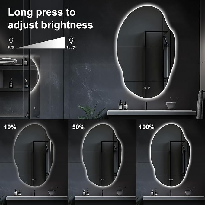Asymmetrical LED Bathroom Mirror with Lights,Irregular Led Bathroom Vanity Mirror for Wall with Backlit, Anti Fog, 3 Colors and Dimmable Light,[Horizontal/Vertical] 48" H x 30" W