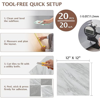 Peel and Stick Floor Tile, 20 PCS 12" x 12" Checkered Waterproof Marble Luxury Vinyl Tiles, Easy DIY Self Adhesive Vinyl Flooring for Bathroom, Kitchen, Living Room, Charcoal Gray/Light Gray