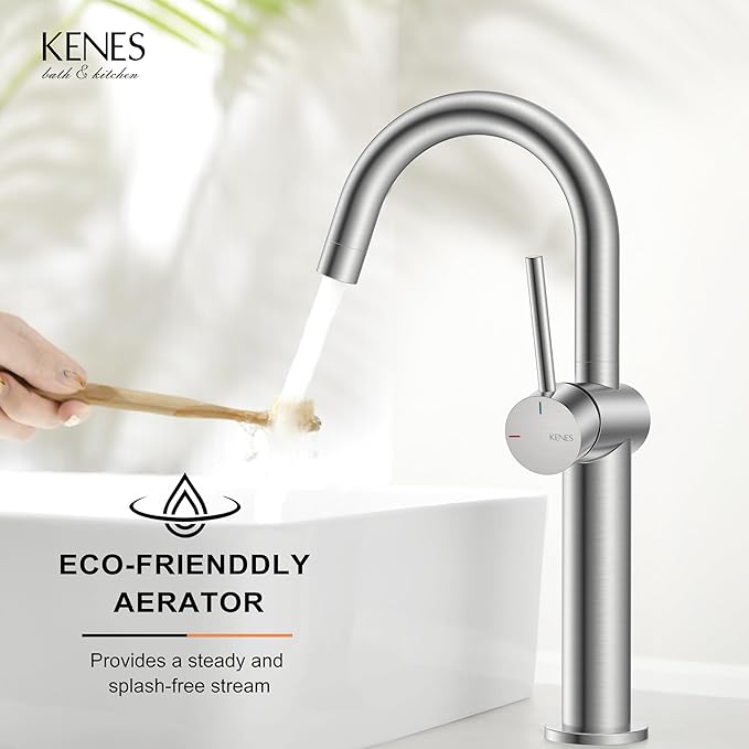 KENES Brushed Nickel Vessel Sink Faucet, Single Handle Tall Bathroom Faucet Single Hole, Modern Bathroom Vanity Faucet with Pop Up Drain and Supply Lines, KE-9005C