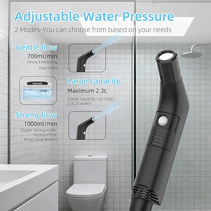 LUOOV Electric Rechargeable Handheld Personal Travel Bidet Portable for Toilet,Bathroom and Outdoor Hiking Strong - Soft Pressure Options Refreshing Clean with 2.3L Water Storage (Black 2.3L)