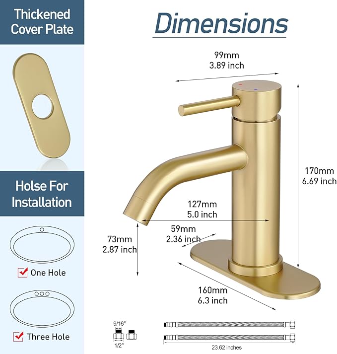 Gold Bathroom Faucets, Modern Single Handle Brushed Gold Vanity Sink Faucet 1 Hole with 3 Hole Deck Plate, Rv Sink Camper Farmhouse Bathroom Utility Remodel Faucet