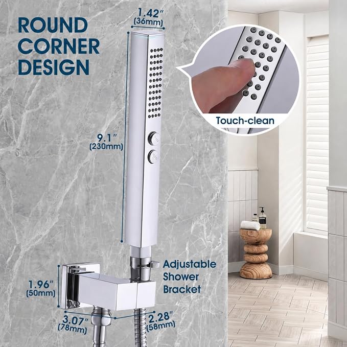 All-Metal High Pressure Square Handheld Shower Head with Jet Spray and Rainfall Modes, Volume Control Regulator, ON/OFF Switch, Hose and Wall Mounted Adjustable Bracket, Chrome