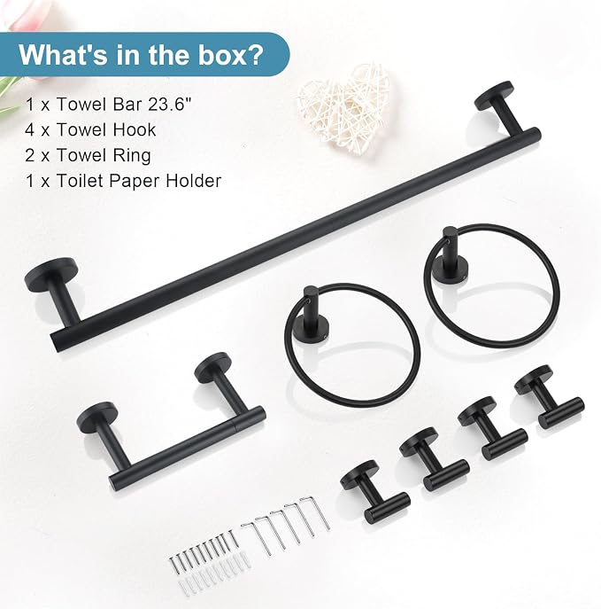 TQKAG 8-Pieces Bathroom Hardware Set, Matte Black Bath Towel Bar Set 23.6" | Towel Racks for Bathroom Wall Mounted, SUS304 Stainless Steel, Towel Bar Set Include Paper Holders, Towel Rings, Towel Hooks