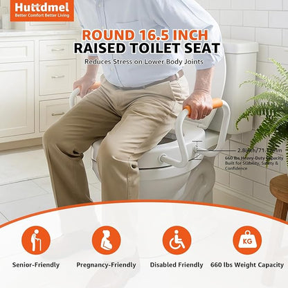 Huttdmel Round Bidet Toilet Seat with Handles, 2.8" Elevated Toilet Seat Riser, Soft Close, Quick Release, Non-Slip, No-Electric Wash, Adjustable Spray for Seniors, Elderly & Disabled,White