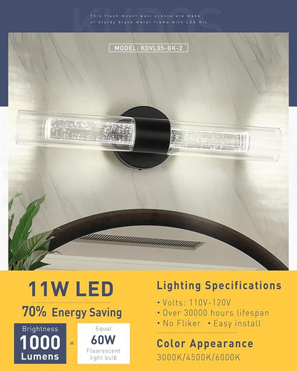 kudos Black LED Vanity Light, Crystal Bubble and Clear Glass, KDVL05-BK-2 | 11W, 1000 Lumens,3000K, 4500K and 6000K Selectable, Hardwired, for Bathroom, Bedroom and Over Mirror