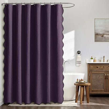 MIULEE Purple Scalloped Linen Shower Curtain 72x72 Inches | Linen Textured, Waterproof, Washable, 12 Metal Hooks, Heavy Duty Cloth, Black Border, Shower Curtain for Bathroom Bathtub