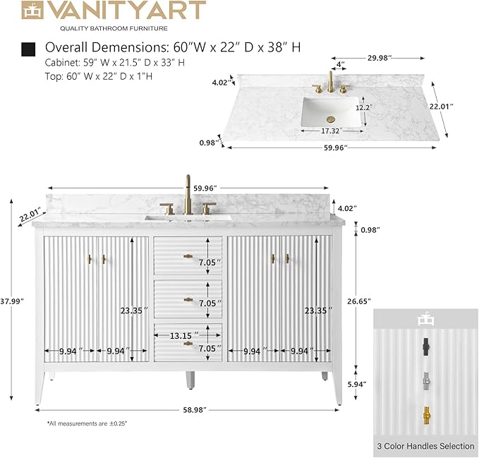 Vanity Art 60 inch Bathroom Vanity with Single Sink & Ceramic Top, Vanity Cabinet with Soft-Closing Door, Solid Wood Frame, Linear Pattern, White, Golden Brushed Handware VA9160-SW-GB