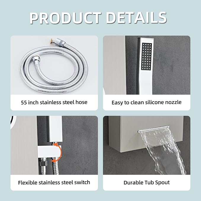 5-In-1Shower Panel Tower System-Brushed Gray | 304 stainless steel Shower Panel Column Tower With Powerful Body Jets,Body Spray,Rainfall,Waterfall,Handheld And Tub Spout