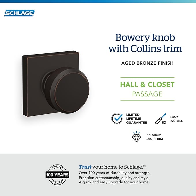 Schlage F10 BWE 716 COL Bowery Knob with Collins Trim Hall & Closet Passage Door Lock, Aged Bronze