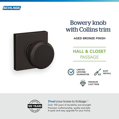 Schlage F10 BWE 716 COL Bowery Knob with Collins Trim Hall & Closet Passage Door Lock, Aged Bronze