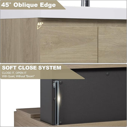 Floating Vanity Bathroom, 48 Inch Bathroom Vanity with Sink, Wall Mounted Single Sink Bathroom Vanity, Soft Closed 2 Drawers, Integrated Sink (Natural Oak)