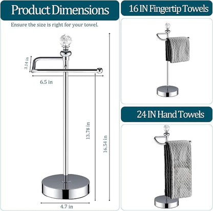 ROLABAM Heavy Weighted Hand Towel Holder (with Crystal Ball) Standing Hand Towel Holder Total Height 16.54'' for Kitchen, Bathroom, Vanity, Classic Decorative Metal Hand Towel Stand, Polished Chrome
