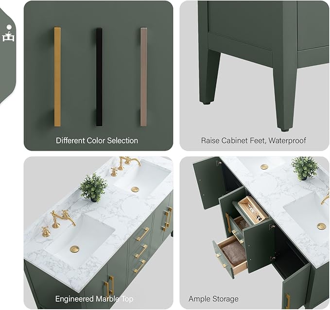 Vanity Art 60 inch Bathroom Vanity with Double Sink & Ceramic Top, Vanity Cabinet with Soft-Closing Doors, Drawers, Solid Wood Frame, Vintage Green, VA9060-DVG-BN1