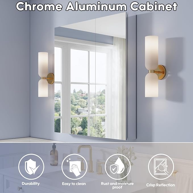 WELLFOR 32" x 36" Bathroom Medicine Cabinet with Mirror, Anodized Chrome Aluminum Frame, Surface Mount or Recessed Medicine Cabinet with Mirror, Bathroom Mirror with Storage, Double Doors